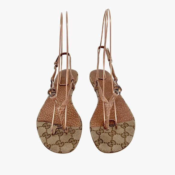 Gucci Bamboo GG Flat Thong Sandals Size 36 US 6 Beige Monogram Canvas Flop Flop - Picture 3 of 13